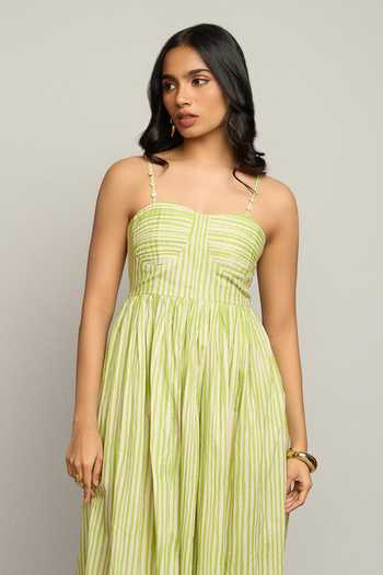Poppi_Green Silk, Bemberg Bandeau Neck Striped Dress _Online_at_Aza_Fashions