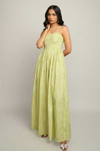 Shop_Poppi_Green Silk, Bemberg Bandeau Neck Striped Dress _Online_at_Aza_Fashions
