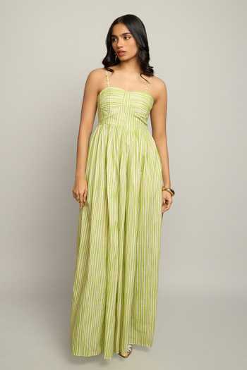 Poppi_Green Silk, Bemberg Bandeau Neck Striped Dress _at_Aza_Fashions