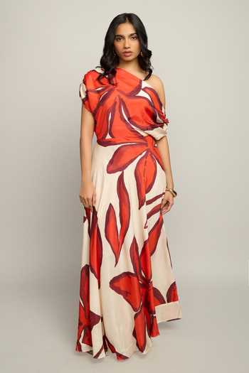 Buy_Poppi_White Bemberg One Shoulder Floral Print Maxi Dress _Online_at_Aza_Fashions