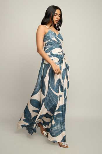 Poppi_Blue Silk, Bemberg V-neck Abstract Printed Maxi Dress _Online_at_Aza_Fashions
