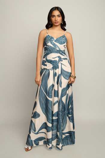 Buy_Poppi_Blue Silk, Bemberg V-neck Abstract Printed Maxi Dress _Online_at_Aza_Fashions