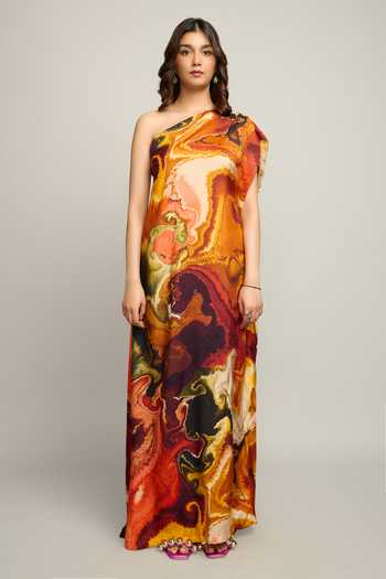 Poppi_Multi Color Silk, Bemberg One Shoulder Printed Kaftan _Online_at_Aza_Fashions