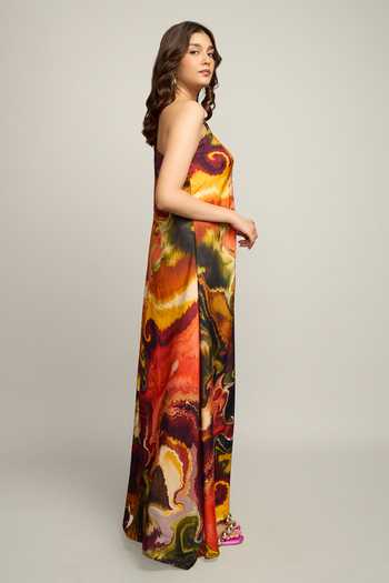 Buy_Poppi_Multi Color Silk, Bemberg One Shoulder Printed Kaftan _Online_at_Aza_Fashions