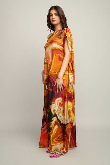 Shop_Poppi_Multi Color Silk, Bemberg One Shoulder Printed Kaftan _Online_at_Aza_Fashions
