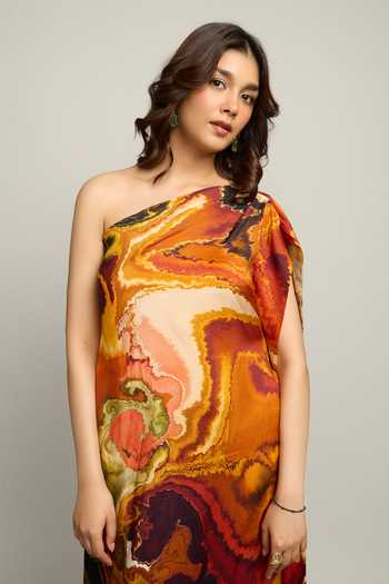 Poppi_Multi Color Silk, Bemberg One Shoulder Printed Kaftan _at_Aza_Fashions