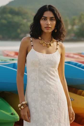 Poppi_White Cotton Scoop Neck Crochet Maxi Dress _Online_at_Aza_Fashions