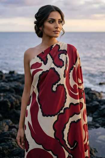 Poppi_Off White Silk, Bemberg One Shoulder Printed Kaftan _Online_at_Aza_Fashions