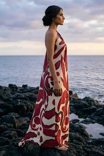 Buy_Poppi_Off White Silk, Bemberg One Shoulder Printed Kaftan _Online_at_Aza_Fashions