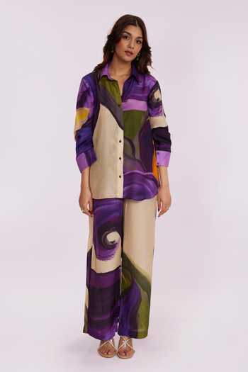 Poppi_Multi Color Bemberg Collared Floral Printed Shirt And Pant Set _Online_at_Aza_Fashions