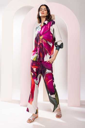Poppi_Multi Color Bemberg Collared Floral Printed Shirt And Pant Set _Online_at_Aza_Fashions