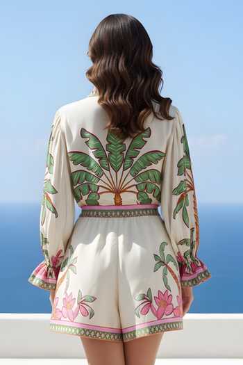 Buy_Poppi_Multi Color Bemberg V-neck, Collared Printed Shirt And Skorts Set _Online_at_Aza_Fashions