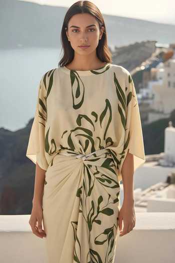 Buy_Poppi_White Bemberg Round Neck Floral Printed Top And Wrap Skirt Set _Online_at_Aza_Fashions