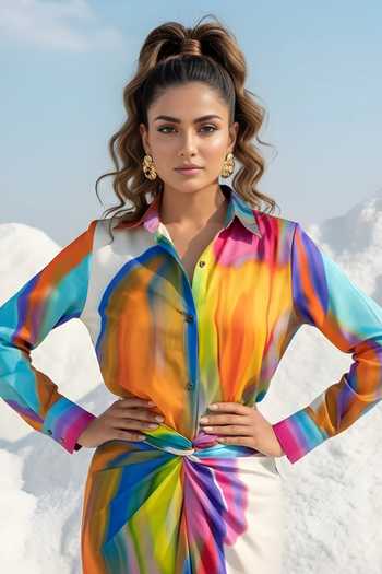 Poppi_Multi Color Bemberg Collared Abstract Print Shirt And Skirt Set _Online_at_Aza_Fashions