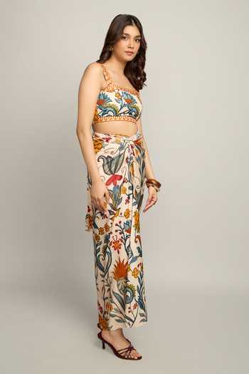 Poppi_Multi Color Silk, Bemberg Square Neck Printed Bustier And Skirt Set _Online_at_Aza_Fashions