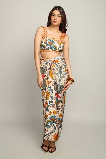 Buy_Poppi_Multi Color Silk, Bemberg Square Neck Printed Bustier And Skirt Set _Online_at_Aza_Fashions
