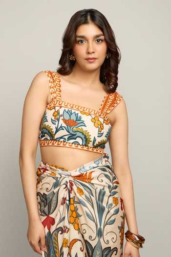Shop_Poppi_Multi Color Silk, Bemberg Square Neck Printed Bustier And Skirt Set _Online_at_Aza_Fashions