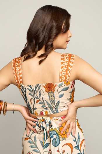 Poppi_Multi Color Silk, Bemberg Square Neck Printed Bustier And Skirt Set _at_Aza_Fashions