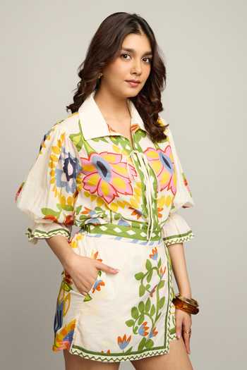 Poppi_Multi Color Silk, Bemberg Collared Printed Shirt And Skorts Set _Online_at_Aza_Fashions