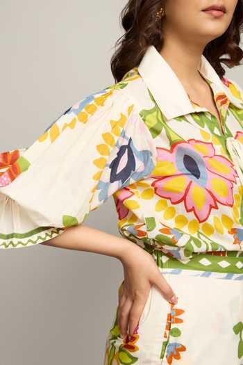 Shop_Poppi_Multi Color Silk, Bemberg Collared Printed Shirt And Skorts Set _Online_at_Aza_Fashions