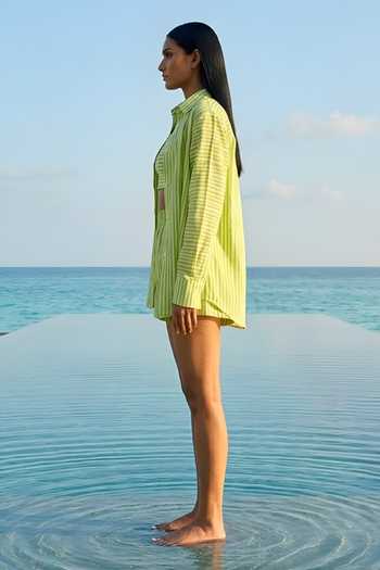 Poppi_Green Silk, Bemberg Collared, Square Neck Striped Shirt And Shorts Co-ord Set _Online_at_Aza_Fashions