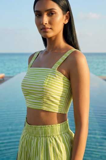 Buy_Poppi_Green Silk, Bemberg Collared, Square Neck Striped Shirt And Shorts Co-ord Set _Online_at_Aza_Fashions