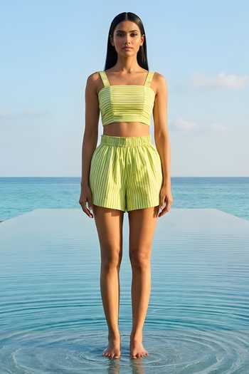 Shop_Poppi_Green Silk, Bemberg Collared, Square Neck Striped Shirt And Shorts Co-ord Set _Online_at_Aza_Fashions