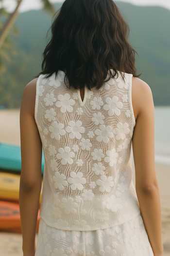 Poppi_White Cotton Scoop Neck Crochet Top And Shorts Set _Online_at_Aza_Fashions