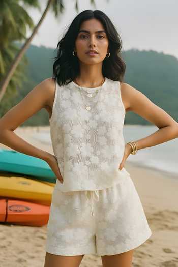 Buy_Poppi_White Cotton Scoop Neck Crochet Top And Shorts Set _Online_at_Aza_Fashions