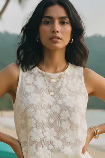 Shop_Poppi_White Cotton Scoop Neck Crochet Top And Shorts Set _Online_at_Aza_Fashions