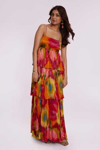 Poppi_Multi Color Bemberg Bandeau Neck Printed Dress _Online_at_Aza_Fashions