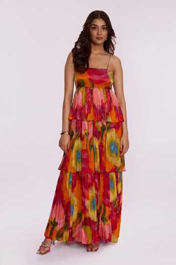 Buy_Poppi_Multi Color Bemberg Bandeau Neck Printed Dress _Online_at_Aza_Fashions
