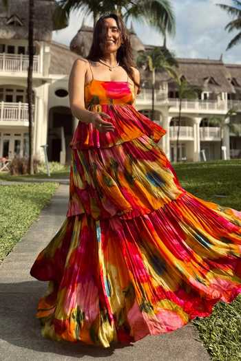 Buy_Poppi_Multi Color Bemberg Bandeau Neck Printed Dress 