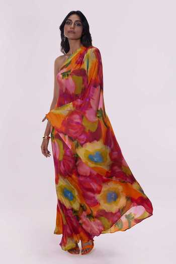 Poppi_Multi Color Bemberg One Shoulder Floral Print Kaftan _Online_at_Aza_Fashions