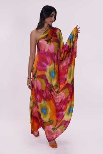 Buy_Poppi_Multi Color Bemberg One Shoulder Floral Print Kaftan _Online_at_Aza_Fashions