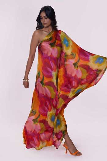 Shop_Poppi_Multi Color Bemberg One Shoulder Floral Print Kaftan _Online_at_Aza_Fashions