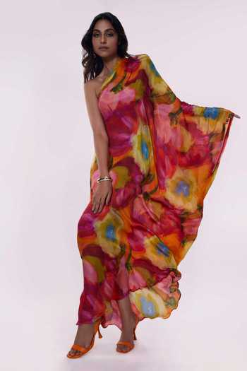 Poppi_Multi Color Bemberg One Shoulder Floral Print Kaftan _at_Aza_Fashions