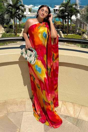 Shop_Poppi_Multi Color Bemberg One Shoulder Floral Print Kaftan 