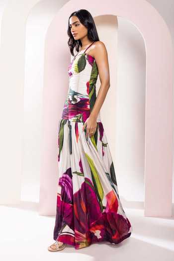 Poppi_Green Bemberg Square Neck Ruched Floral Print Maxi Dress _Online_at_Aza_Fashions