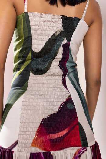 Poppi_Green Bemberg Square Neck Ruched Floral Print Maxi Dress _at_Aza_Fashions