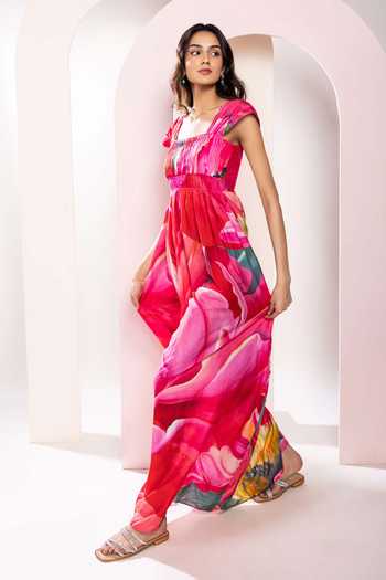 Poppi_Multi Color Bemberg Square Neck Printed Pleated Maxi Dress _Online_at_Aza_Fashions