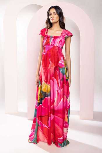 Buy_Poppi_Multi Color Bemberg Square Neck Printed Pleated Maxi Dress _Online_at_Aza_Fashions