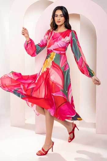 Poppi_Multi Color Bemberg Floral Print Balloon Sleeve Midi Dress _Online_at_Aza_Fashions