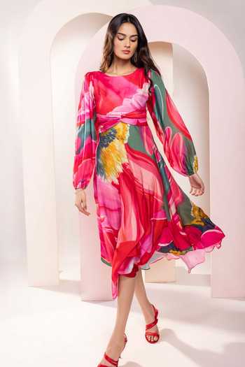 Buy_Poppi_Multi Color Bemberg Floral Print Balloon Sleeve Midi Dress _Online_at_Aza_Fashions