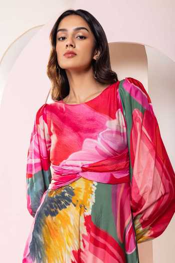 Shop_Poppi_Multi Color Bemberg Floral Print Balloon Sleeve Midi Dress _Online_at_Aza_Fashions