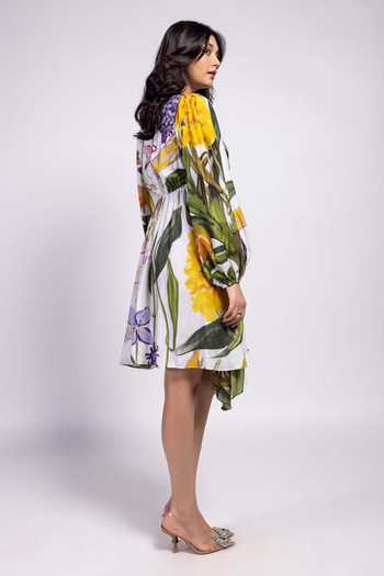 Poppi_Multi Color Bemberg Round Neck Floral Print Asymmetric Dress _Online_at_Aza_Fashions