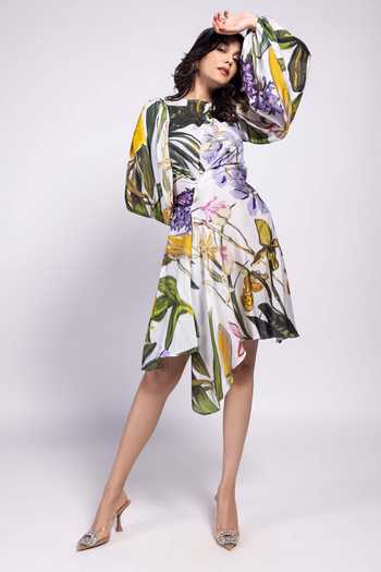 Buy_Poppi_Multi Color Bemberg Round Neck Floral Print Asymmetric Dress _Online_at_Aza_Fashions