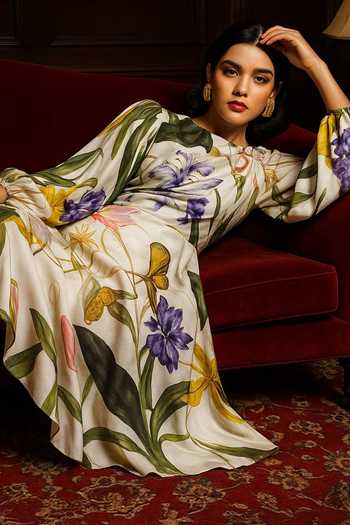 Shop_Poppi_Multi Color Bemberg Round Neck Floral Print Asymmetric Dress _Online_at_Aza_Fashions