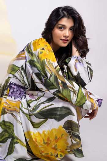Poppi_Multi Color Bemberg Round Neck Floral Print Asymmetric Dress _at_Aza_Fashions