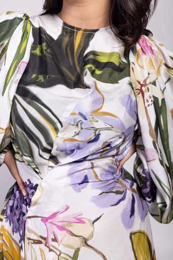 Buy_Poppi_Multi Color Bemberg Round Neck Floral Print Asymmetric Dress 